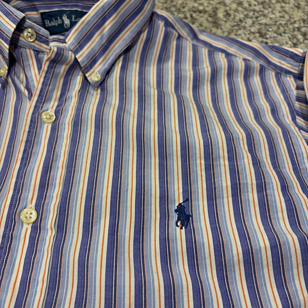 Ralph Lauren Mens XL Blue White Orange Stripe Custom Fit Cotton Button Down
